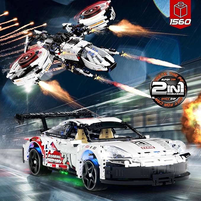 1:10 Race Car Building Kit,2 in1 Adult Collectible Sports Technology Car & Star Space Warplane Building Kits（1560Pcs）